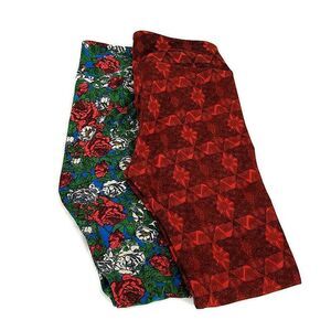 Lularoe Womens One Size 2 Pair Leggings Floral Christmas Geometric Print